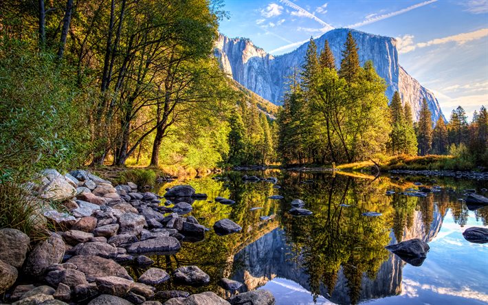 Yosemite Milli Parkı, 4k, dağlar, nehir, sonbahar, Kaliforniya, Amerika Birleşik Devletleri, g&#252;zel doğa