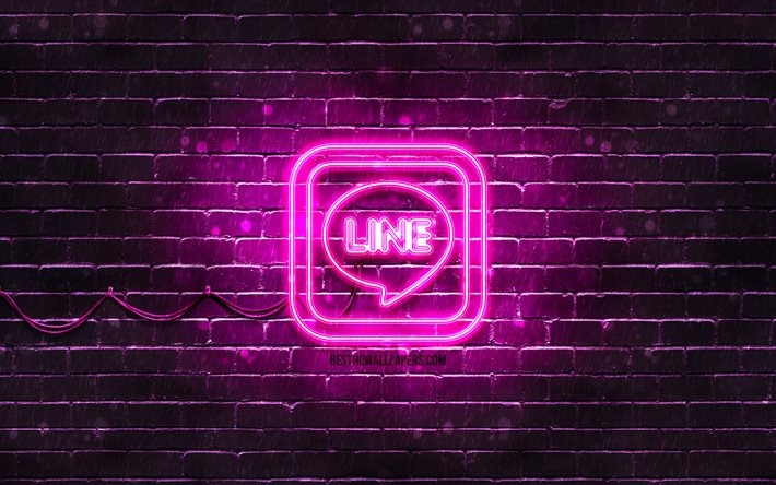 LINE mor logo, 4k, mor tuğla duvar, LINE logosu, haberciler, LINE neon logosu, LINE
