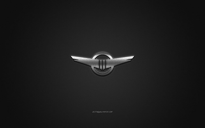 Logo Rezvani, logo argento, sfondo in fibra di carbonio grigio, emblema in metallo Rezvani, Rezvani, marchi di auto, arte creativa
