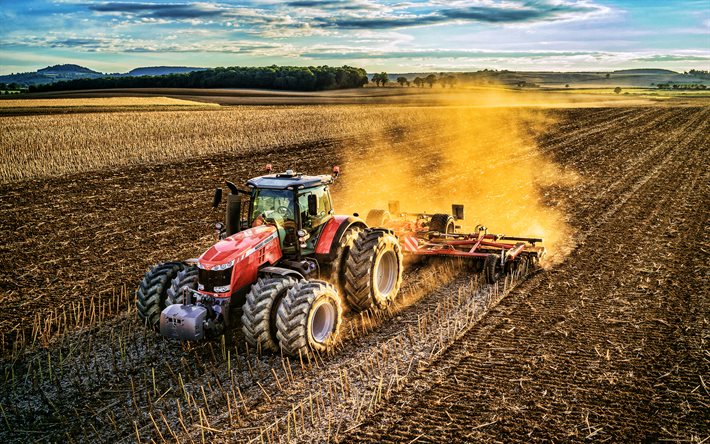 Massey Ferguson 8740, plogf&#228;lt, HDR, 2021 traktorer, jordbruksmaskiner, r&#246;d traktor, jordbruk, Massey Ferguson