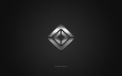 Rivian logo, silver logo, gray carbon fiber background, Rivian metal emblem, Rivian, cars brands, creative art