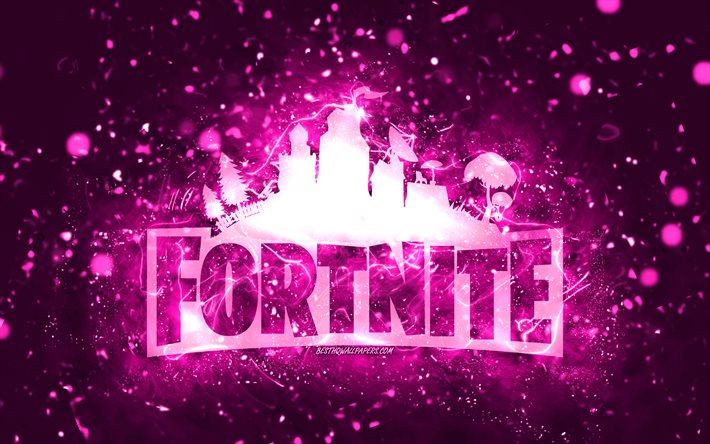Fortnite purple logo, 4k, purple neon lights, creative, purple abstract background, Fortnite logo, online games, Fortnite