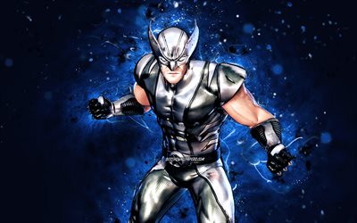 Silver Foil Wolverine, 4k, luci al neon blu, Fortnite Battle Royale, personaggi Fortnite, Silver Foil Wolverine Skin, Fortnite, Silver Foil Wolverine Fortnite