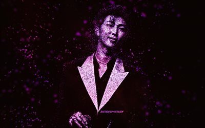 RM, BTS, purple glitter art, black background, South Korean singer, RM BTS art, Kim Nam-joon, K-pop