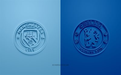 Manchester City vs Chelsea FC, UEFA Champions League, Final, 2021, 3D logos, blue background, Champions League, football match, Chelsea FC, Manchester City FC