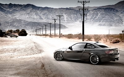 E92 BMW M3, strada, tuning, nero m3, deserto, BMW