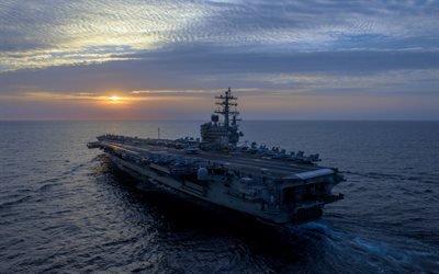 USS Ronald Reagan, CVN-76, American aircraft carrier, US Navy, Nimitz, Sunset, ocean