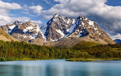 Montagna, lago, foresta, paesaggio di montagna, Alpi di Lyngen, Troms, Lago J&#230;gervatn