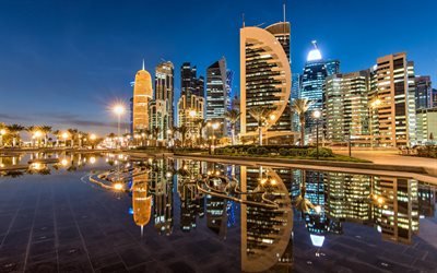 Doha, Qatar, Rascacielos, noche, Sheraton Park