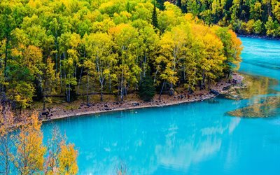 Lago Kanas, blu, acqua, Asia, Xinjiang, Cina