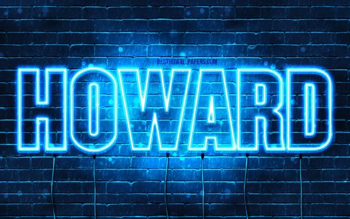 Howard, 4k, pap&#233;is de parede com os nomes de, texto horizontal, Howard nome, Feliz Anivers&#225;rio Howard, luzes de neon azuis, imagem com Howard nome