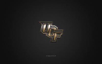 UCF Knights logo, American football club, NCAA, golden logo, gray carbon fiber background, hockey, Orlando, Florida, USA, UCF Knights