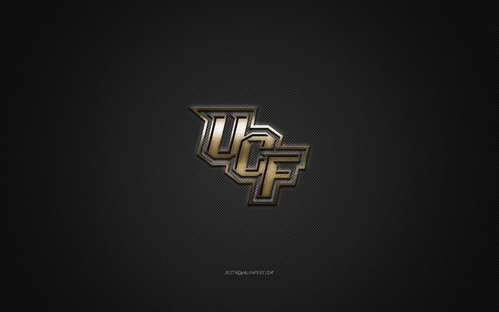 UCF Knights logo, American football club, NCAA, golden logo, gray carbon fiber background, hockey, Orlando, Florida, USA, UCF Knights