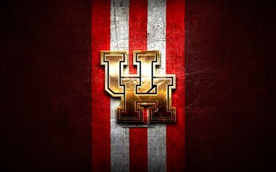 Houston Cougars, golden logo, NCAA, red metal background, american football club, Houston Cougars logo, american football, USA