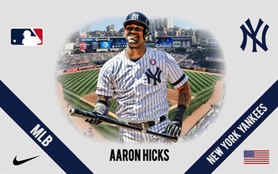 Aaron Hicks, New York Yankees, American Baseball Player, MLB, portrait, USA, baseball, Yankee Stadium, New York Yankees logo, Major League Baseball