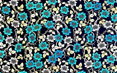 blue flowers pattern, floral patterns, background with flowers, abstract flowers pattern, blue floral backgrounds, floral textures, decorative art