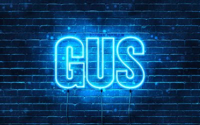 Gus, 4k, taustakuvia nimet, vaakasuuntainen teksti, Gus nimi, Hyv&#228;&#228; Syntym&#228;p&#228;iv&#228;&#228; Gus, blue neon valot, kuva Gus nimi