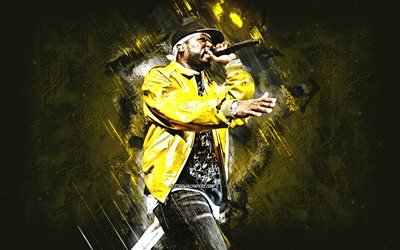 50 Cent, Amerikkalainen r&#228;pp&#228;ri, Curtis Jackson, muotokuva, keltainen kivi tausta, Curtis James Jackson III, creative art