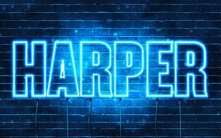 Harper, 4k, fondos de pantalla con los nombres, el texto horizontal, Harper nombre, Feliz Cumplea&#241;os Harper, luces azules de ne&#243;n, de la imagen con el nombre de Harper