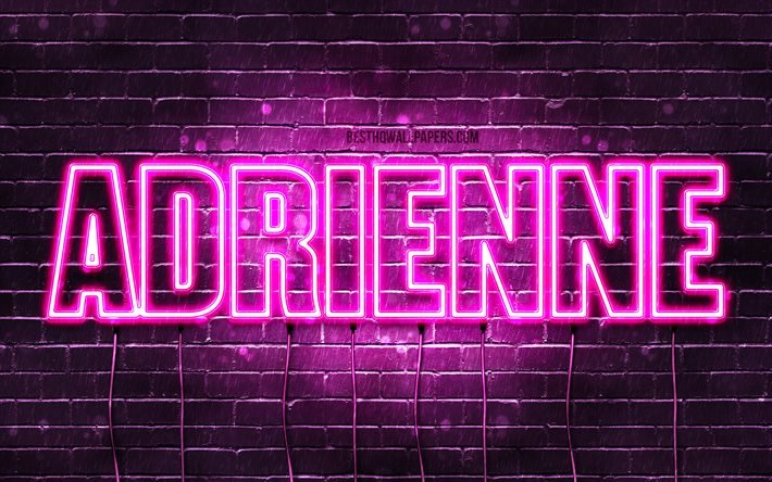 Adrienne, 4k, wallpapers with names, female names, Adrienne name, purple neon lights, Happy Birthday Adrienne, picture with Adrienne name