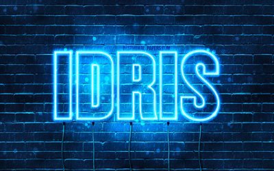 Idris, 4k, pap&#233;is de parede com os nomes de, texto horizontal, Idris nome, Feliz Anivers&#225;rio Idris, luzes de neon azuis, imagem com Idris nome