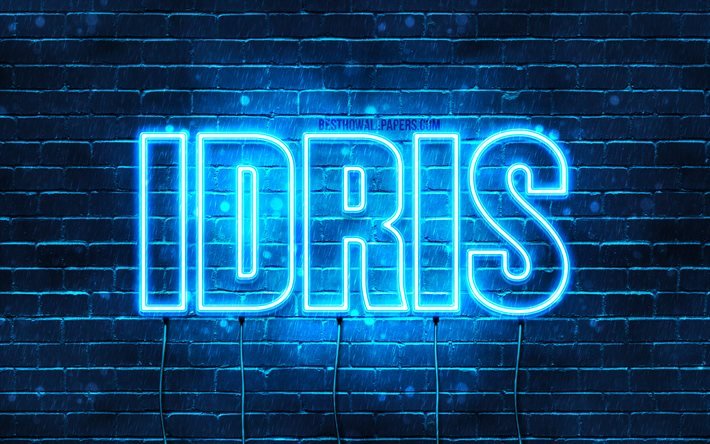 Idris, 4k, tapeter med namn, &#246;vergripande text, Idris namn, Grattis P&#229; F&#246;delsedagen Idris, bl&#229;tt neonljus, bild med Idris namn
