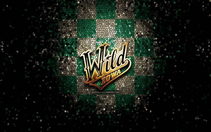 Iowa Wild, glitter logo, AHL, green brown checkered background, USA, american hockey team, Iowa Wild logo, mosaic art, hockey, America