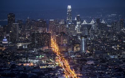 San Francisco, gece, g&#246;kdelenler, G&#252;nbatımı, San Francisco panorama, şehir, skyline, Kaliforniya, ABD