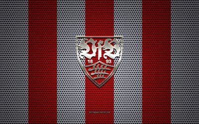 VfB Stuttgart logo, German football club, metal emblem, red and white metal mesh background, VfB Stuttgart, 2 Bundesliga, Stuttgart, Germany, football
