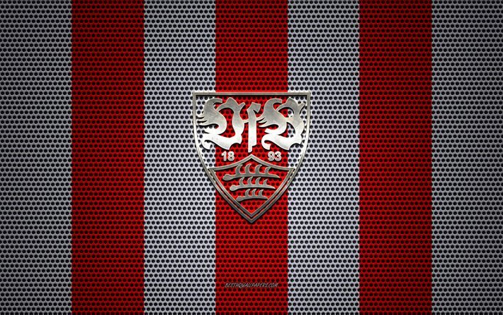 O VfB Stuttgart logotipo, Alem&#227;o clube de futebol, emblema de metal, vermelho e branco da malha do metal de fundo, O VfB Stuttgart, 2 Bundesliga, Stuttgart, Alemanha, futebol