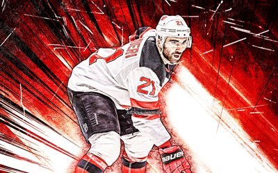 4k, Kyle Palmieri, grunge art, New Jersey Devils, NHL, hockey players, red abstract rays, Kyle Charles Palmieri, USA, Kyle Palmieri New Jersey Devils, hockey, Kyle Palmieri 4K