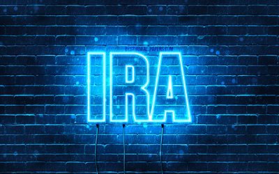Ira, 4k, wallpapers with names, horizontal text, Ira name, Happy Birthday Ira, blue neon lights, picture with Ira name