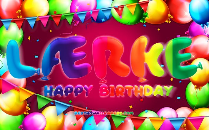 お誕生日おめでLaerke, 4k, カラフルバルーンフレーム, Laerke名, 紫色の背景, Laerkeお誕生日おめで, Laerke誕生日, 人気デンマークの女性の名前, 誕生日プ, Laerke