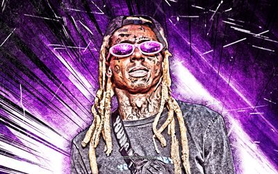 Lil Wayne, 2020, 4k, m&#252;zik yıldızları, soyut ışınları, mor, Amerikalı şarkıcı, Amerikalı &#252;nl&#252; s&#252;per starlar, Dwayne Michael Carter, grunge, sanat, yaratıcı, Lil Wayne 4K