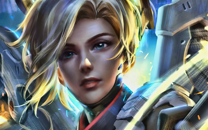 Mercy, 4k, Overwatch characters, 2020 games, cyber warriors, shooter, Overwatch, Mercy Overwatch
