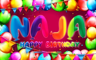 Happy Birthday Naja, 4k, colorful balloon frame, Naja name, purple background, Naja Happy Birthday, Naja Birthday, popular danish female names, Birthday concept, Naja