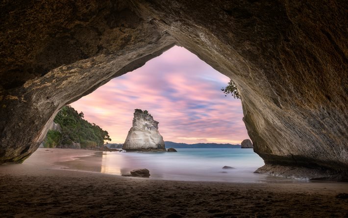 Cathedral Cove, Te Whanganui-A-Hei Marine Reserve, Coromandel Peninsula, New Zealand, Mercury Bay, Pacific Ocean, cave, evening, sunset, beautiful landscape