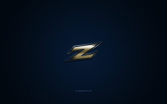 Akron Ziper logotipo, Americano futebol clube, NCAA, ouro logotipo, azul de fibra de carbono de fundo, Futebol americano, Akron, Ohio, EUA, Akron Ziper