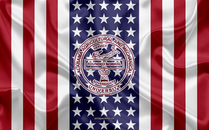 alabama am university emblem, amerikanische flagge, alabama am universit&#228;ts-logo, normal, alabama, usa, wahrzeichen von alabama bin university, alabama landwirtschaftliche und mechanische universit&#228;t