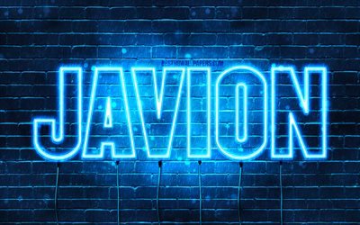 Javion, 4k, pap&#233;is de parede com os nomes de, texto horizontal, Javion nome, Feliz Anivers&#225;rio Javion, luzes de neon azuis, imagem com Javion nome