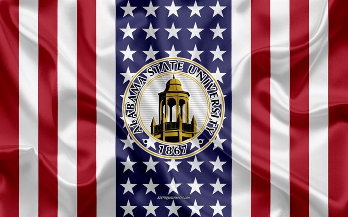 Download Wallpapers Alabama State University Emblem American Flag Alabama State University Logo Montgomery Alabama Usa Emblem Of Alabama State University For Desktop Free Pictures For Desktop Free