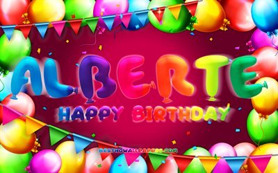 Happy Birthday Alberte, 4k, colorful balloon frame, Alberte name, purple background, Alberte Happy Birthday, Alberte Birthday, popular danish female names, Birthday concept, Alberte