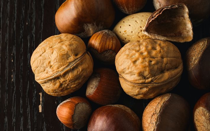 nuts, Walnut, hazelnuts, nuts on a wooden background, nuts concepts