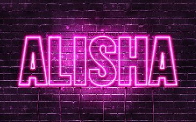 Alisha, 4k, wallpapers with names, female names, Alisha name, purple neon lights, Happy Birthday Alisha, picture with Alisha name