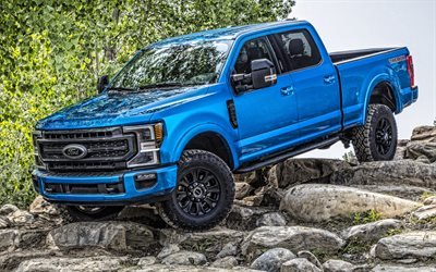 2020, Ford F-250 Super Duty Tremor, front view, exterior, blue pickup truck, new blue F-250, american cars, Ford