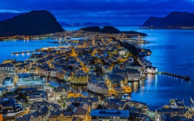 aalesund, 4k, nachtaufnahmen, norwegischen st&#228;dten, europa, norwegen, aalesund in der nacht