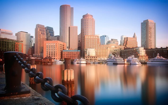بوسطن, ماساتشوستس, اثنين الدولية مكان, مساء, غروب الشمس, ناطحات السحاب, المباني, بوسطن سيتي سكيب, الولايات المتحدة الأمريكية, عاصمة ولاية ماساتشوستس