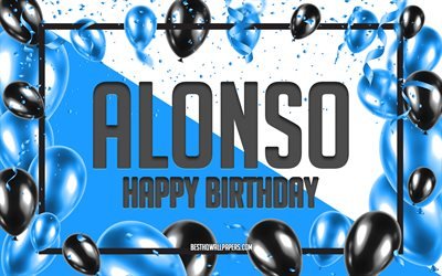 Happy Birthday Alonso, Birthday Balloons Background, Alonso, wallpapers with names, Alonso Happy Birthday, Blue Balloons Birthday Background, greeting card, Alonso Birthday