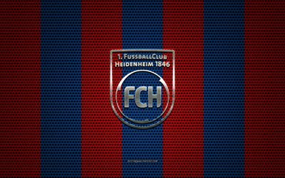 FC Heidenheim logo, club de football allemand, embl&#232;me m&#233;tallique, rouge, bleu m&#233;tallique treillis arri&#232;re-plan, le FC Heidenheim, 2 Bundesliga, Heidenheim, Allemagne, football