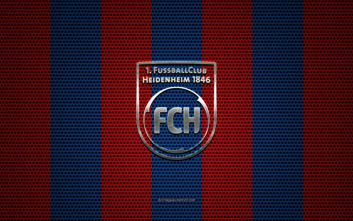 fc heidenheim-logo, deutscher fu&#223;ball-club, metall-emblem, rot, blau, metall-mesh-hintergrund, fc heidenheim, 2 bundesliga, heidenheim, deutschland, fu&#223;ball